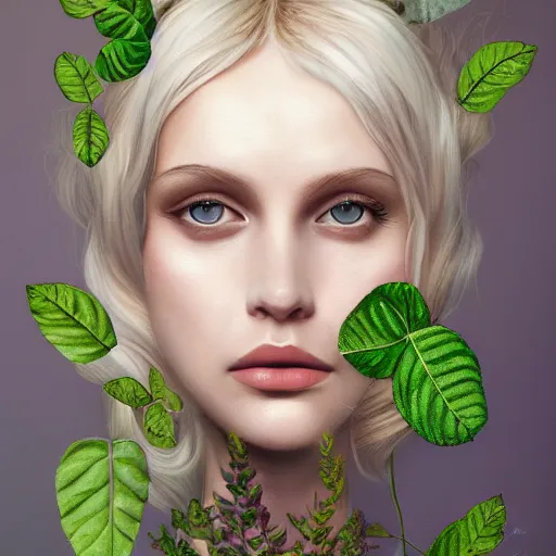 Image similar to a symmetrical portrait of a blonde woman with plants in hair, oil painting, pale colors, high detail, 8 k, wide angle, trending on artstation,