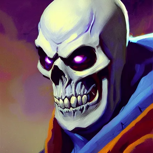 Image similar to greg manchess portrait painting of powerful skeletor the master of the universe as overwatch character, medium shot, asymmetrical, profile picture, organic painting, sunny day, matte painting, bold shapes, hard edges, street art, trending on artstation, by huang guangjian, gil elvgren, ruan jia, greg rutkowski, gaston bussiere