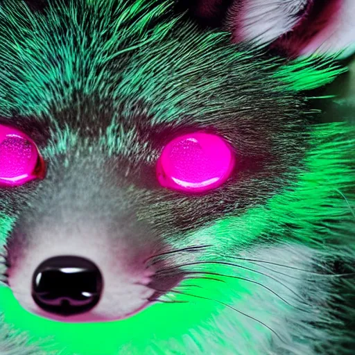 Prompt: close up of photorealistic green fox with green fur and glowing magenta eyes, wearing a black hoodie