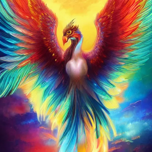 Prompt: cute flying chinese phoenix, sparkling bird eyes, embers surrounding her wings, shining rainbow feathers, smooth features, feathers on fire, highly detailed, digital painting, artstation, concept art, smooth, soft focus, beautiful rainbow colors, illustration, chinese phoenix art by Artgerm and greg rutkowski