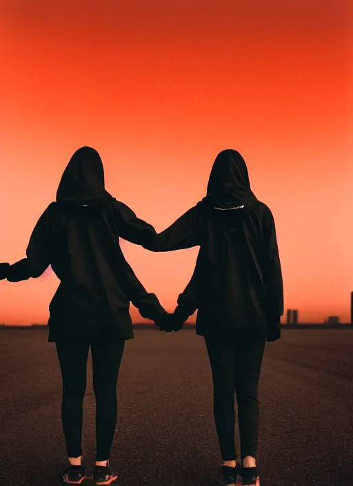 Image similar to cinestill 5 0 d photographic portrait of 2 women holding hands, wearing black techwear in front of a brutalist brushed metal building, closeup, on a desolate plain with a red sky, dystopia, cyberpunk, closeup, depth of field, 4 k, 8 k, hd, full color