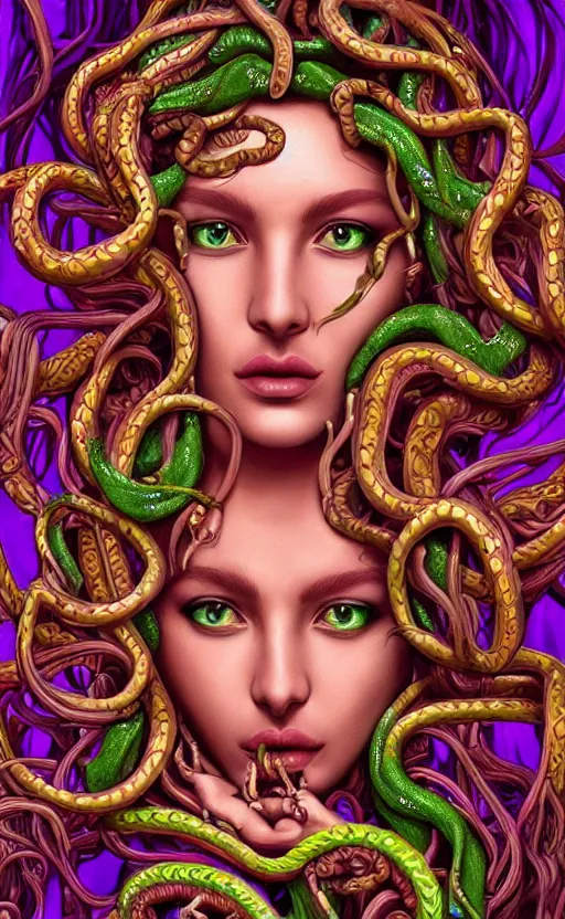 Prompt: highly detailed, digital painting of the beautiful Medusa, with symmetrical facial features, and her many snakes as hair, in the center of the image, vibrant dark mood, full view, Kodakchrome, vivid, Hyperdetailed, 4k hd matte digital painting, 8k resolution, enchanting,cyberpunk and otherworldly, Hyperdetailed, Gsociety, trending on ArtstationHQ, dreamscape.