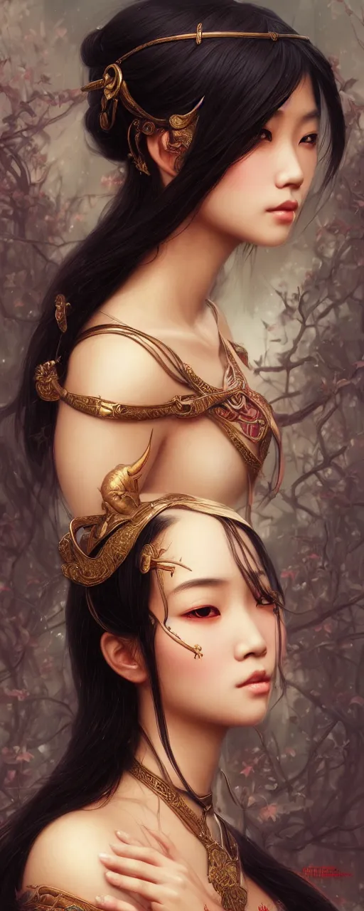 Image similar to beautiful Asian girl 3/4 profile portrait, dark fantasy esoteric , closeup, D&D, fantasy, intricate, elegant, highly detailed, digital painting, artstation, concept art, matte, sharp focus, illustration, art by Artgerm and Tom Bagshaw and Greg Rutkowski and Alphonse Mucha