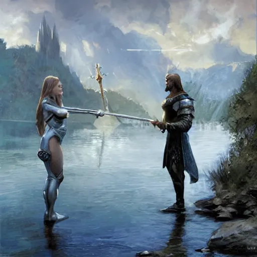 Image similar to the lady of the lake gives excalibur to king arthur by craig mullins and james gurney