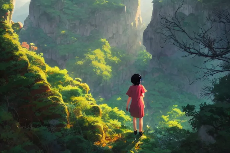 Prompt: a girl with a black bob hairstyle standing on a cliff overlooking a forest. digital illustration, vibrant colors, soft lighting, adventurous, atmospheric lighting, 8K, octane render. By Makoto Shinkai, Stanley Artgerm Lau, WLOP, Rossdraws, James Jean, Andrei Riabovitchev, Marc Simonetti, krenz cushart, Sakimichan, D&D trending on ArtStation, digital art.