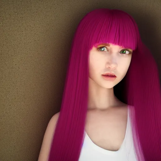 Image similar to A 3d cgi toon young woman with long pink hair, full bangs, amber eyes, pale skin, Chinese, medium shot, mid-shot, soft focus