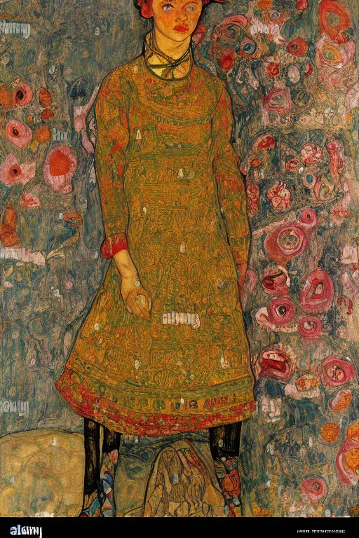 Image similar to girl waer detailed golden arabesque dress with a lot of flowers in persian pot, painting by egon schiele