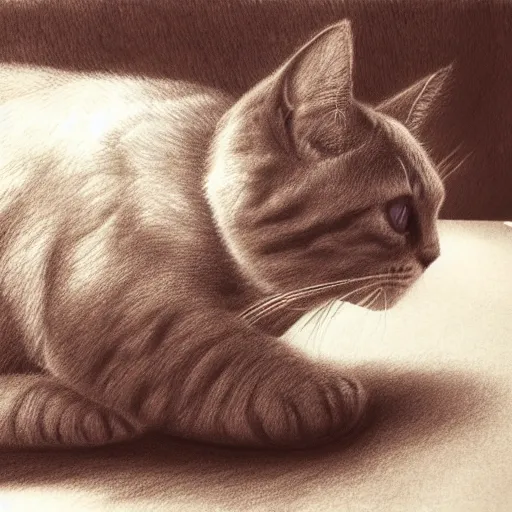 Prompt: Photography of Cat drawing himself, photorealism,