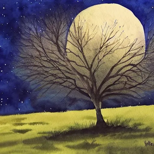 Image similar to This painting has such a feeling of peace and serenity. The tree is so still and calm, despite the wind blowing around it. The moonlight casts a soft glow over everything and the starts seem to be winking at you... watercolor painting, at night