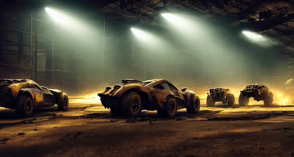 Image similar to macro closeup photo of halo warthogs being chased in a post apocalyptic warehouse factory at night, smoke, dust, embers, mad max, action, rocket league, volumetric lighting, hdr, need for speed, gta 5, ridley scott, syd mead, craig mullins, cinematic, octane