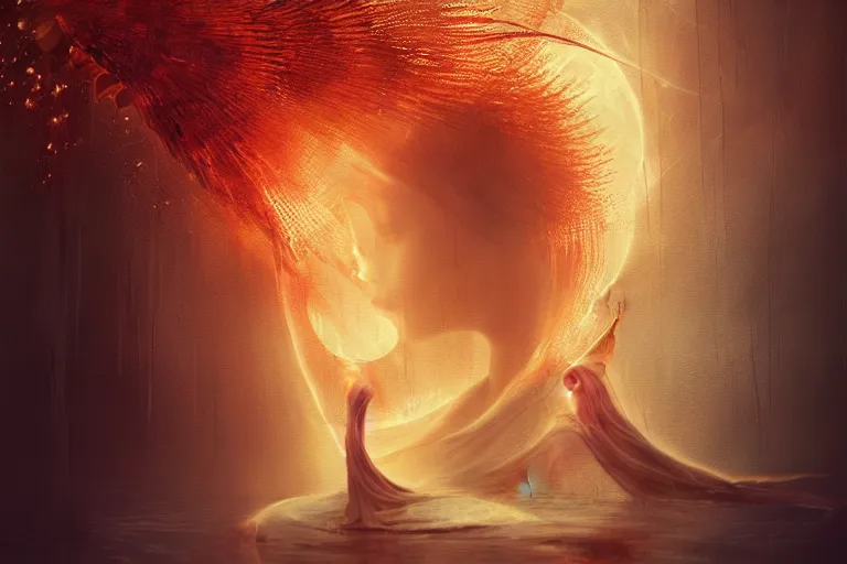 Image similar to ocean of canvas catching fire, magical, emotional, concept art, art nouveau, inspired by reylia slaby, peter gric, volumetric lighting, intricate, ornate