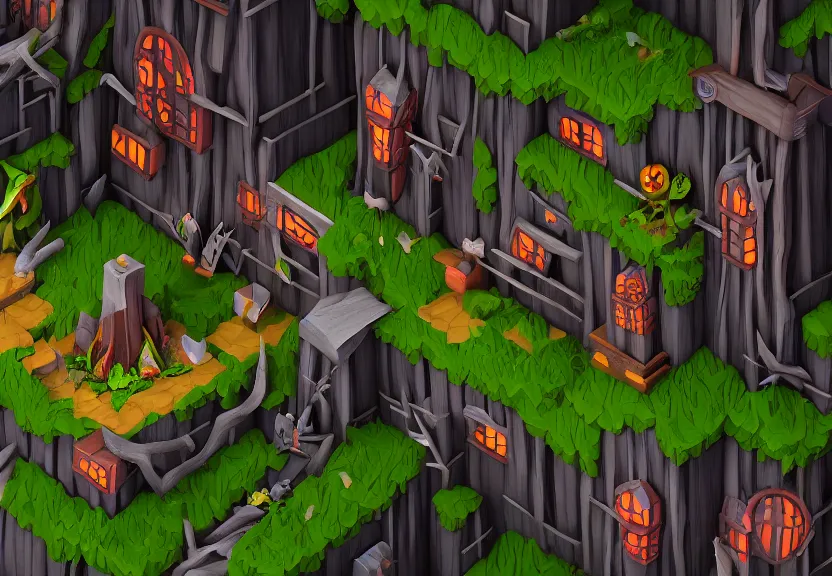 Prompt: evil forest halloween themed isometric game level, stylized, toon shader, arnold maya render, artstation