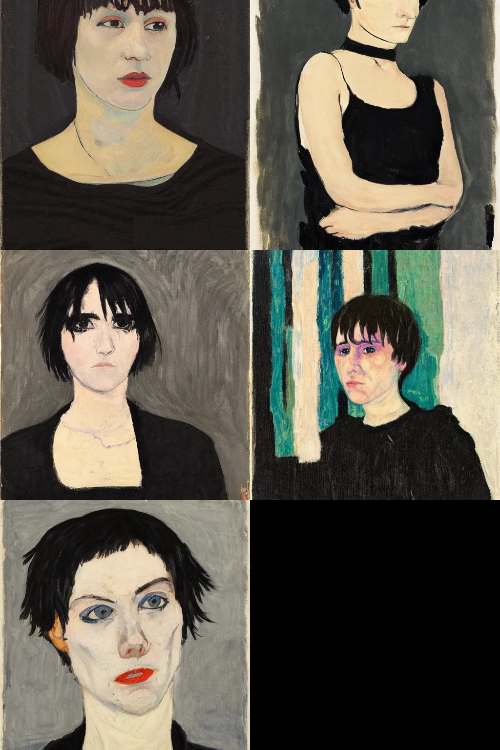 Prompt: an emo portrait by cuno amiet. her hair is dark brown and cut into a short, messy pixie cut. she has a slightly rounded face, with a pointed chin, large entirely - black eyes, and a small nose. she is wearing a black tank top, a black leather jacket, a black knee - length skirt, and a black choker..