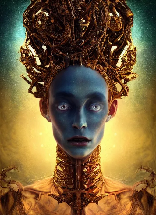 Prompt: epic portrait of menacing, anxious, agitated yet stunningly beautiful biomechanical djinn the terrifying demigod of creation with azure tears of joy overseeing the iridescent fabric of the universe, by charlie bowater, mandy jurgens, gustav klimt, octane render, dramatic camera angle, 4k, 8k, high detail, HDR, by tom bagshaw, powerful, with inspiration from Beksinski, inspired by greek goddess Athena