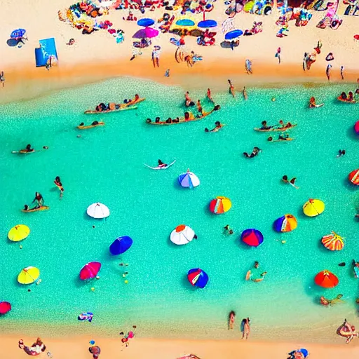 Image similar to photograph beachscapes from an almost perpendicular angle, Aerial view of sandy beach with umbrellas and sea, Aerial of a crowded sandy beach with colourful umbrellas, sun bathers and swimmers during summer, by Tommy Clarke