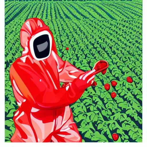 Prompt: Strawberry Farm Worker in Protective Hazmat Suit Fertilizing Berries on Field. modern flat design style illustration with line elements