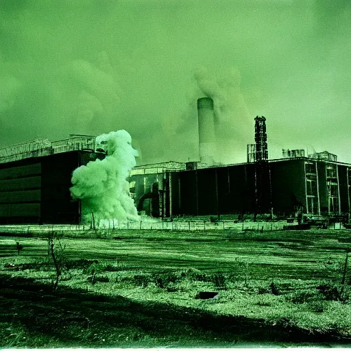 Prompt: a photograph of chernobyl emitting green smoke, photographs smuggled out from the soviet union, chernobyl, bright green