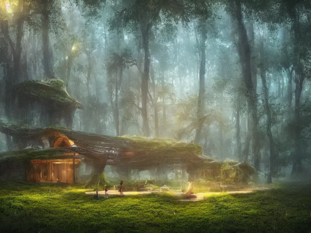 Image similar to beautiful organic house made of imaginary plants in a forest, architectural render, futuresynth, chillwave, by Gabriel Dawe, by Skottie Young, by Jessica Rossier, vegetal architecture, by moebius, by Isaac Cordal, mist, lights, junglepunk, blender, trending on artstation