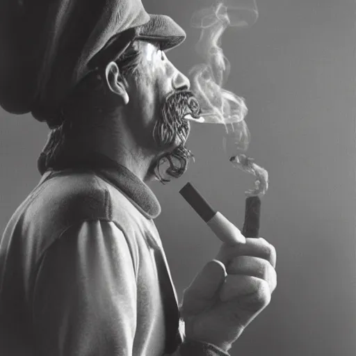 Image similar to ultra - realistic humanoid super mario smoking a cigarette