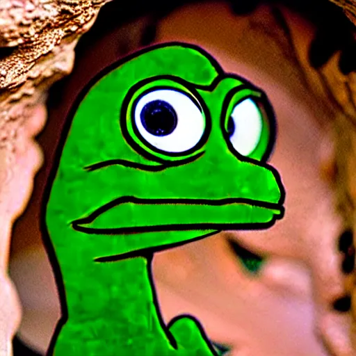 Prompt: dinosaur pepe in a cave