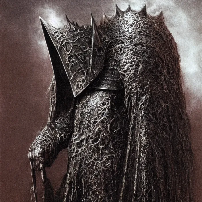 Image similar to portrait of the witch king of angmar, in copper armor, front profile head and chest only, by beksinski, 4 k, deviantart, trending on artstation