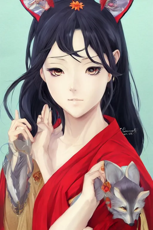 Prompt: An anime portrait of Nico Robin as a beautiful woman with fox ears wearing a kimono from Skyrim, by Stanley Artgerm Lau, WLOP, Rossdraws, James Jean, Andrei Riabovitchev, Marc Simonetti, and Sakimichan, large brush, low detail, trending on artstation