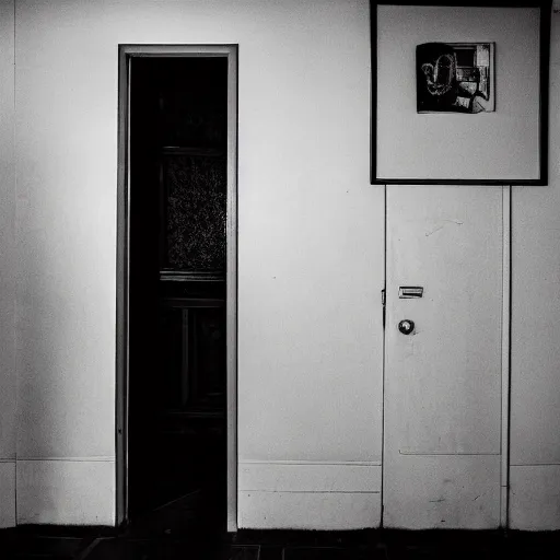 Prompt: creepy backrooms, something behind the doors, horror image, cctv footage, black and white, grayscale
