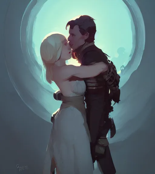 Image similar to portrait of anders from dragon age hugging a beautiful woman by atey ghailan, by greg rutkowski, by greg tocchini, by james gilleard, by joe fenton, by kaethe butcher, dynamic lighting, gradient light blue, brown, blonde cream and white color scheme, grunge aesthetic