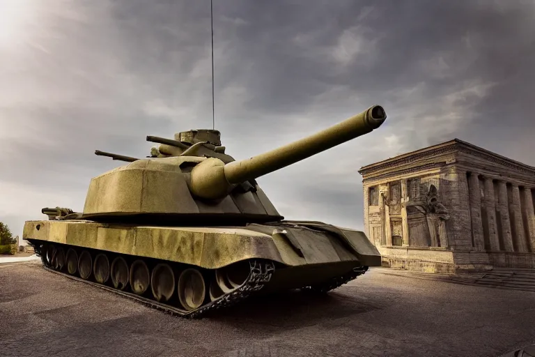 Prompt: photo of Monument in the form of a tank, 8k, beautuiful light, photorealism, cinematic, elegant, highly detailed, geometric, sharp focus