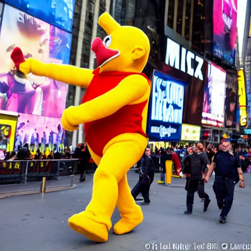 Image similar to An award winning photo, of a Teletubby, in the act of brutally curb stomping a man dressed in a Nazi uniform, in Time Square, NYC. 85mm lens, f1.8.