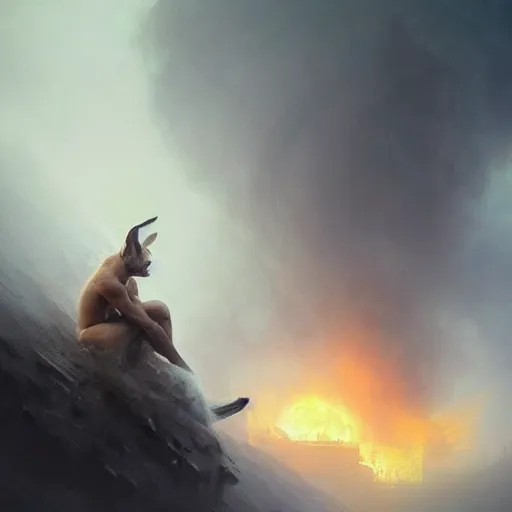 Image similar to epic portrait an beautiful man wearing white bunny suit with bunny ears, muscular, dirty, flames in backround, foggy city backround, broad light, ambient occlusion, volumetric light effect, made by ivan aivazovsky, peter mohrbacher, greg rutkowski, matte painting, trending on artstation, 4 k, perfectly defined features, digital painting,