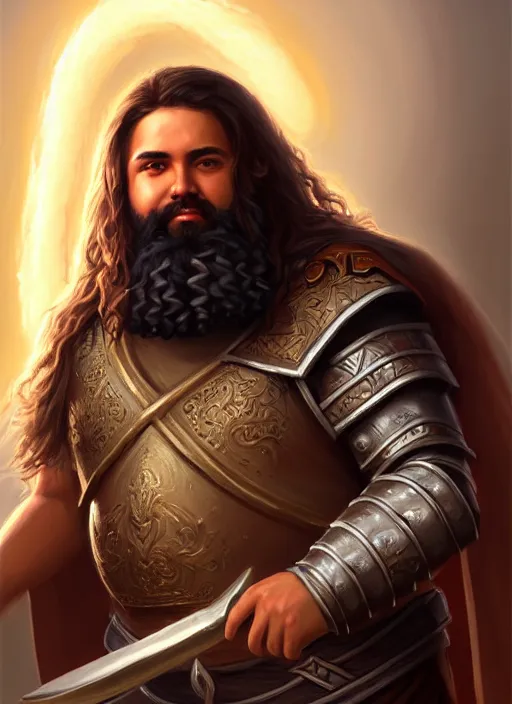 Image similar to a _ fantasy _ style _ portrait _ painting _ of esfandtv light brown male holy paladin with long wavy brown hair chubby and beard, hammer weapon, rpg dnd oil _ painting _ unreal _ 5 _ daz. _ rpg _ portrait _ extremely _ detailed _ artgerm _ greg _ rutkowski _ greg