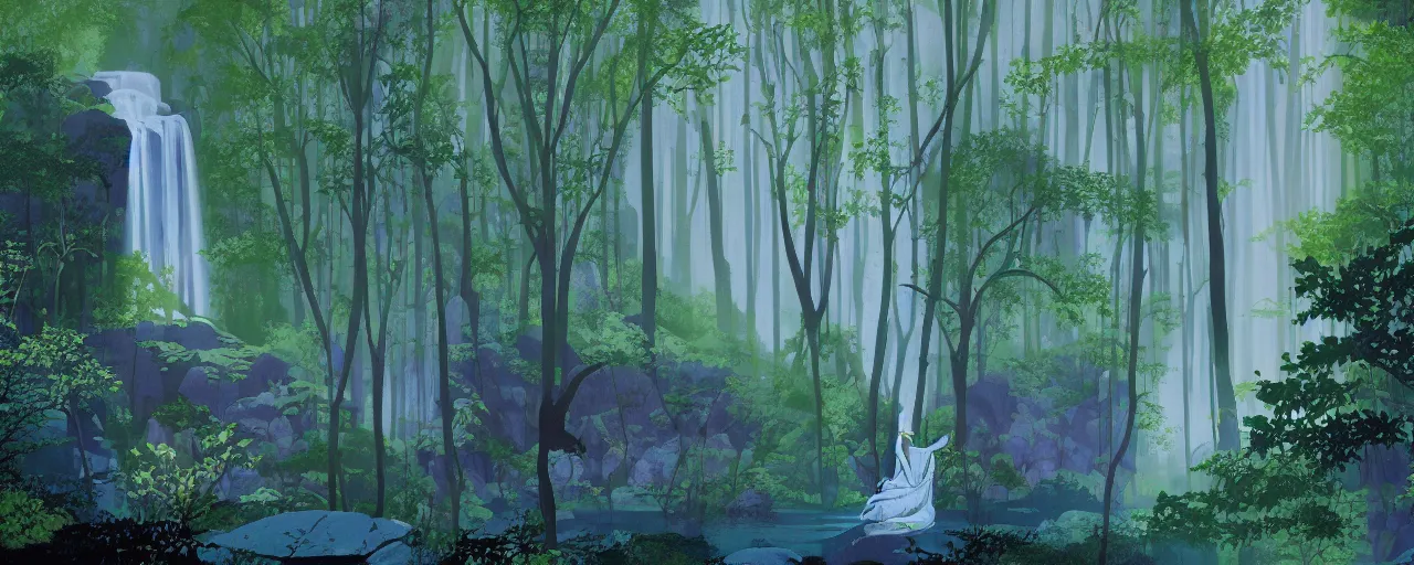 Image similar to deep forest, rainbow river waterfall, waterfall wall splitting, light shimmers, water mists, stones, wild flowers, subtle color variations, summer rain, gentle mists, a white robed benevolent magician clothed in a royal garment in contemplation meditating upon God, by Eyvind Earle and Mary Blair