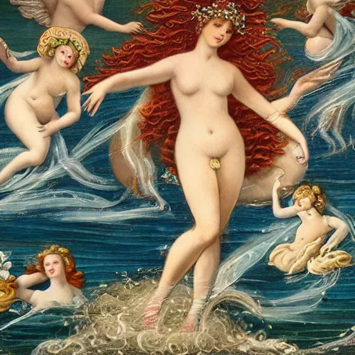 Prompt: The collage depicts the goddess Venus, who is born from the sea, being blown towards the shore by the wind god Zephyr. On the shore, the goddess of love, beauty, and fertility, is greeted by the nymphs who attend to her. The collage is a masterful example of use of color, light, and perspective. The figures are depicted in graceful poses, and the overall effect is one of serenity and beauty. by Charles Robinson a e s t h e t i c