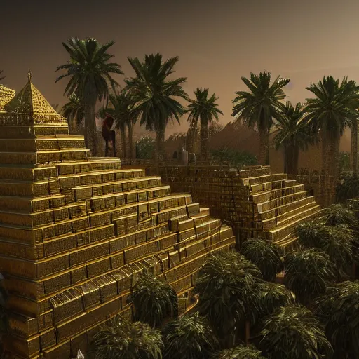 Image similar to gardens of Babylon made of gold towers, architecture, realistic, epic scale, mountains, palm trees, dramatic lighting, 8k, post processing, trending on artstation, environment highly detailed