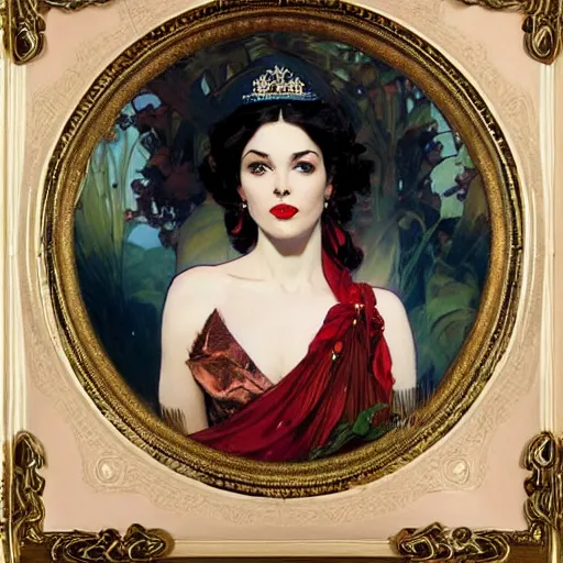 Prompt: portrait of a very beautiful royal fire woman, top half of body, metal crown on head, pensive expression, by Stanley Artgerm Lau, greg rutkowski, thomas kindkade, alphonse mucha, loish, norman rockwell, J. C. Leyendecker. dark black hair, pale skin, detailed eyes, red lips. framed by white flowers. Trending on artstation rule of thirds extremely detailed illustration hd 4k