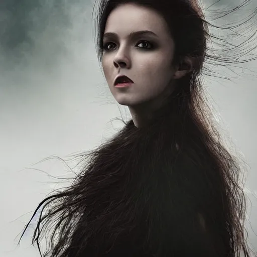 Image similar to a beautiful young slim female witch with bionic parts, cast a spell sourrounded by mist, her hair moves with the wind, she has beautiful facial features, photographed by andrew thomas huang for a high budget fantasy movie