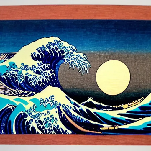 Image similar to sunset over the ocean Japanese woodblock style hokusai