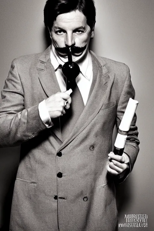 Prompt: mario testino photography, a male portrait, black hair, moustache, smoking a pipe