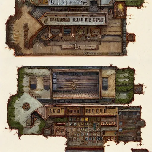 Image similar to full - color floor plan of a fantasy tavern, by greg rutkowski and james gurney, trending on artstation