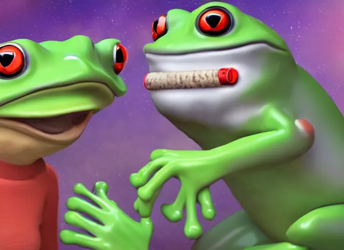 Image similar to Frog on a spaceship loves her dog next to her and gives her hot pepper, cinematic, very high quality, 8k