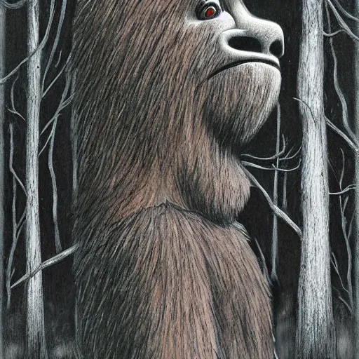 Prompt: portrait of bigfoot in the woods artwork by ben templesmith