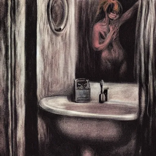 Image similar to disturbing grunge picture of a dirty bathroom 1 9 7 2. horror airbrush art, by auguste renoir