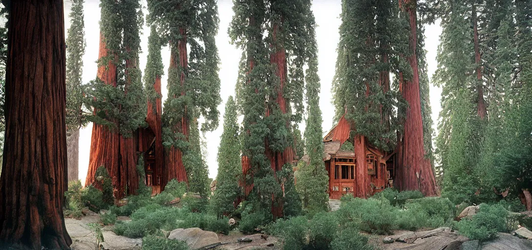 Image similar to house built into and inside a single giant sequoia. color photograph by jerry uelsmann. fujinon premista 1 9 - 4 5 mm t 2. 9. portra 8 0 0.