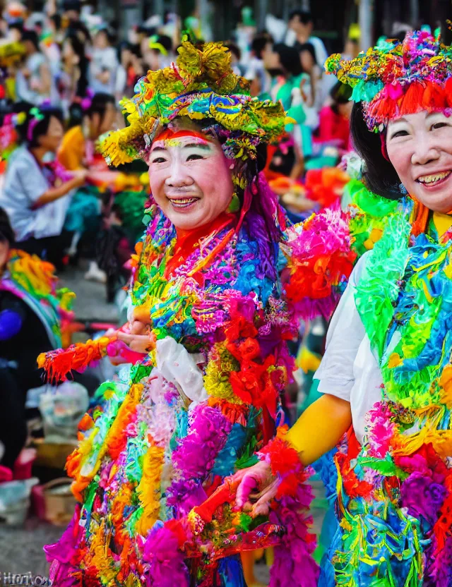 Prompt: two colorful women in taiwan during a festival by hisaji hara