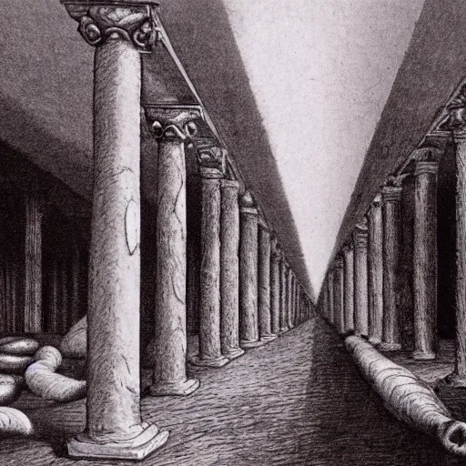 Prompt: a world like a infinite cave made of flesh and meat with columns with eyes and mouths