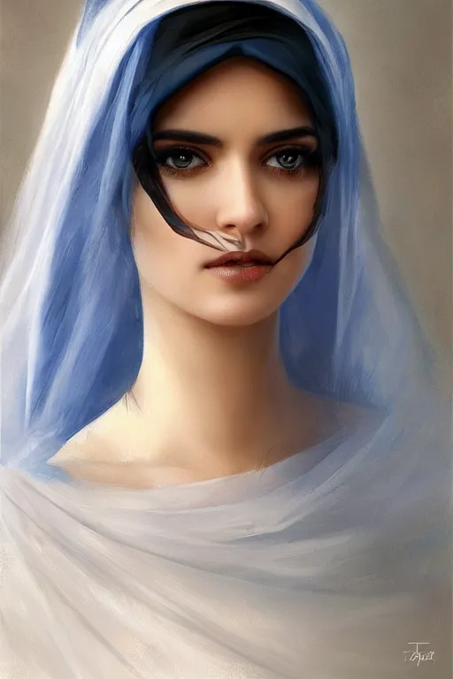 Image similar to modern arab Ameera al-Taweel, bright blue eyes, wavy black hair, white veil, closeup, focus face, elegant, highly detailed, centered, oil painting, artstation, concept art by tom bagshaw