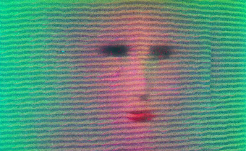 Image similar to vhs glitch art portrat of a woman hidden underneath a sheet, static colorful noise glitch, 1 9 8 0 s