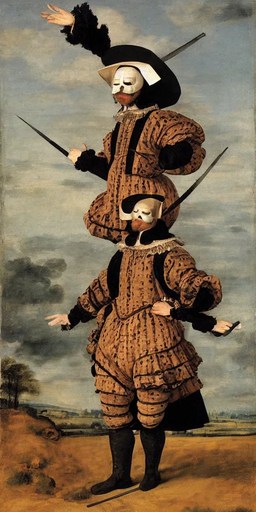 Image similar to faceless man flies over a landscape, he is wearing a comedy mask, he is wearing elizabethan boots and ruff, he carries a broadsword in his left hand, painted by frans hals, dramatic theater lighting