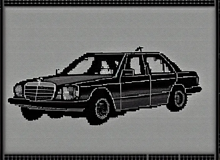 Image similar to burning wrecked mercedes 1 2 4, pixelart, monochrome gameboy, award winning. dramatic. trending on artstation, low resolution sync